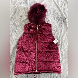 Michael Kors Burgundy Velvet Puffer Vest with Faux Fur Trim